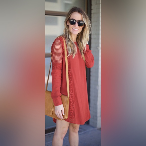 Astr Dresses & Skirts - Rustyorange ASTR the Label long-sleeve shift dress crochet & embroidery large
